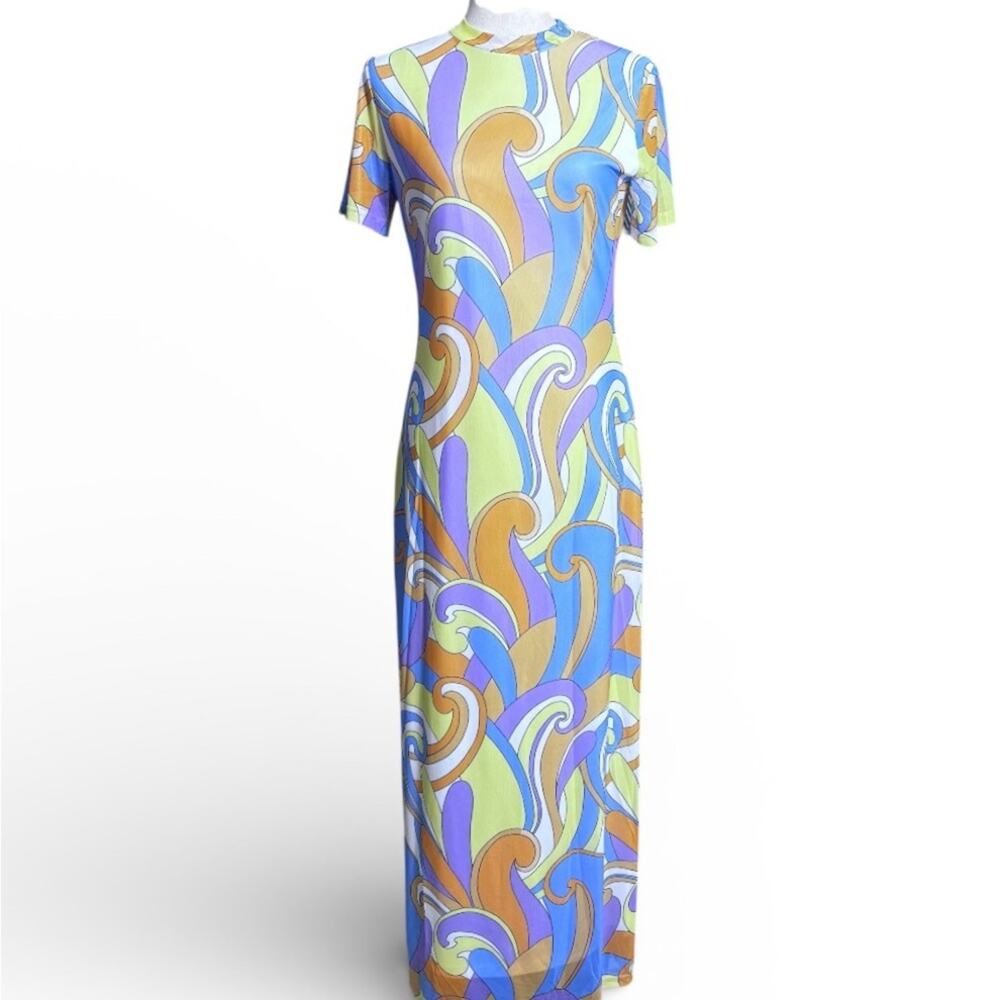 Peppermayo Blue, White, Orange Swirl Maxi Dress Size 10 1270